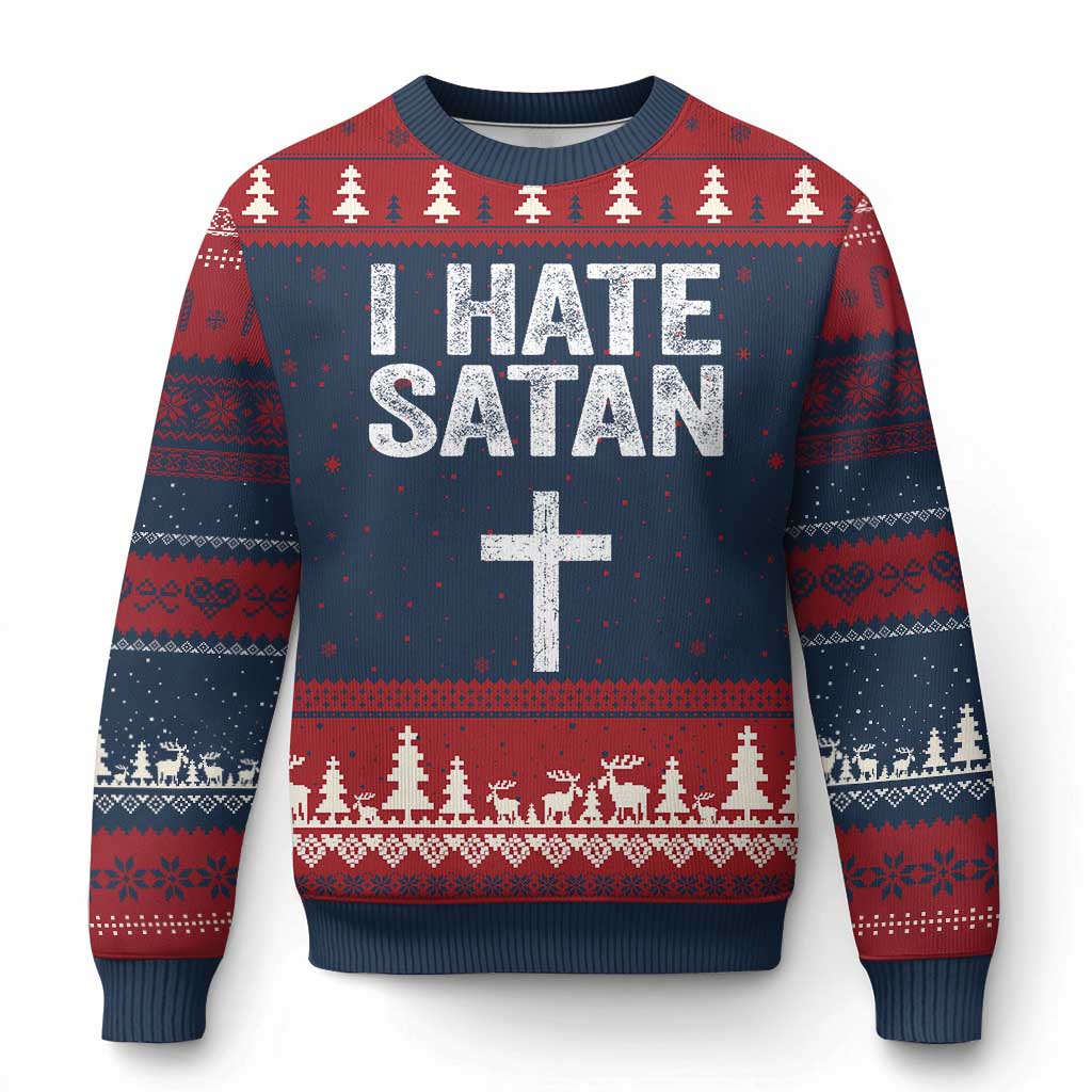 I Hate Satan Ugly Christmas Sweater Funny Christian Jesus Cross