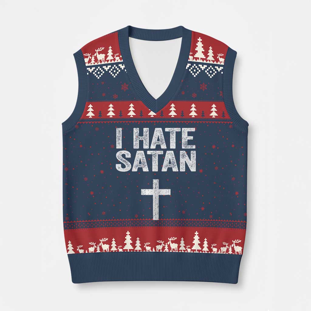 I Hate Satan V-Neck Knit Sweater Vest Funny Christian Jesus Cross