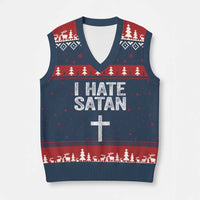 I Hate Satan V-Neck Knit Sweater Vest Funny Christian Jesus Cross