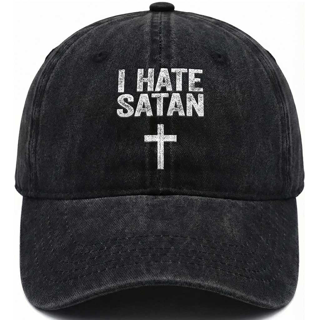 I Hate Satan Washed Cotton Baseball Cap Funny Christian Jesus Cross