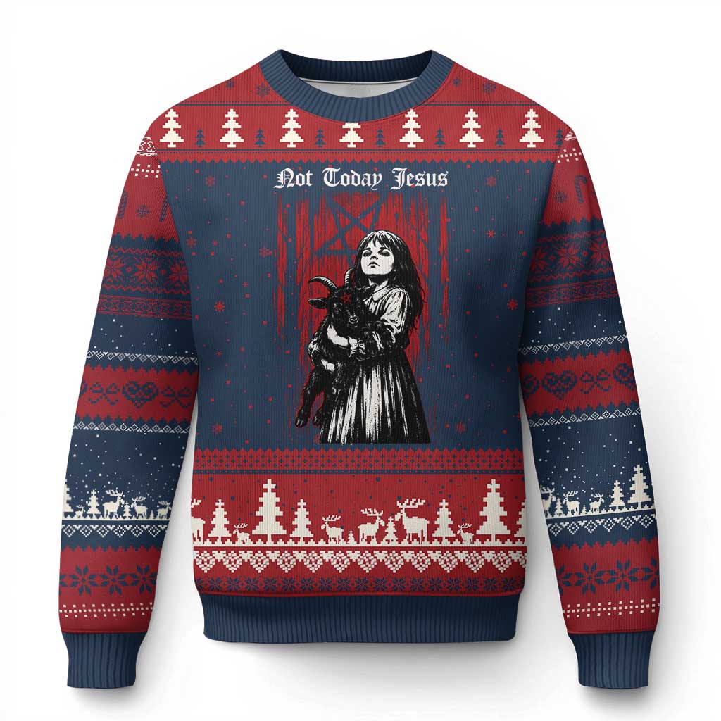 Not Today Jesus Gothic Dark Art Creepy Halloween Ugly Christmas Sweater