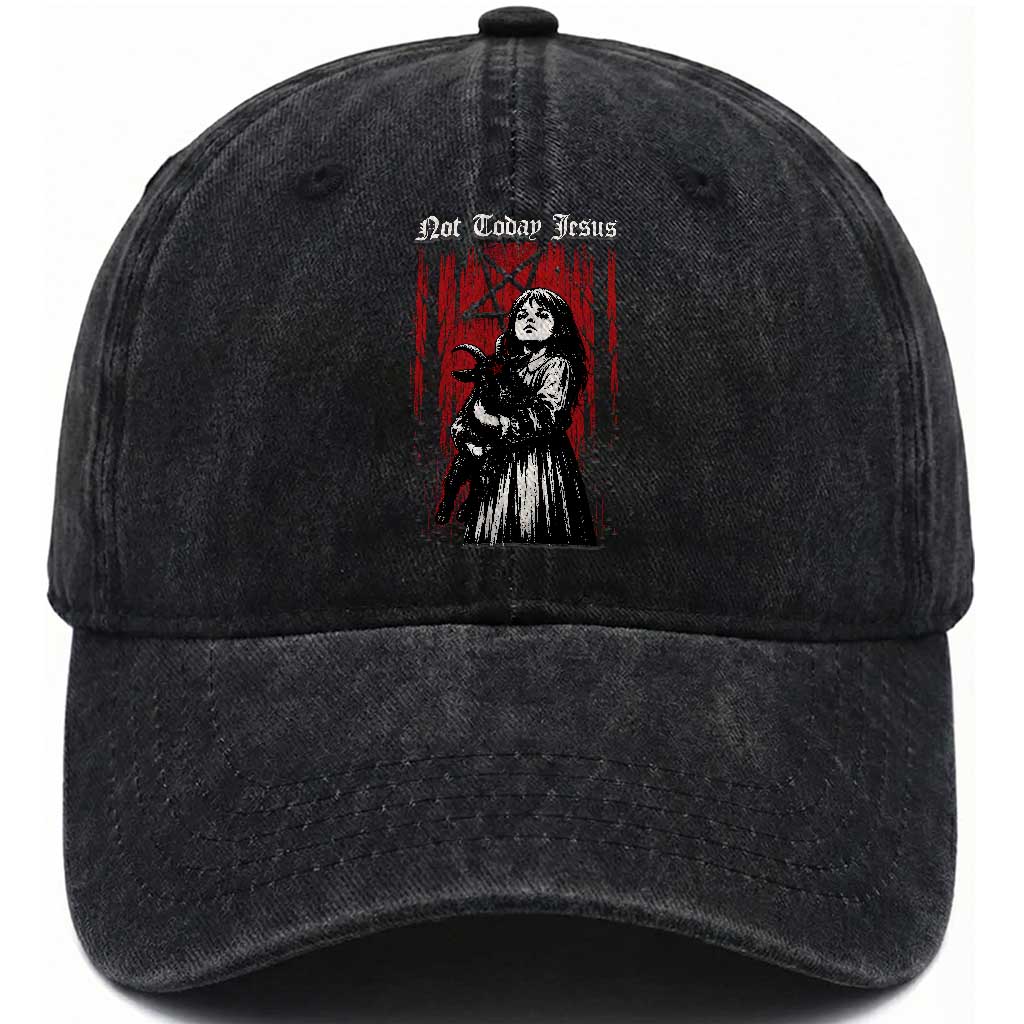 Not Today Jesus Gothic Dark Art Creepy Halloween Washed Cotton Baseball Cap