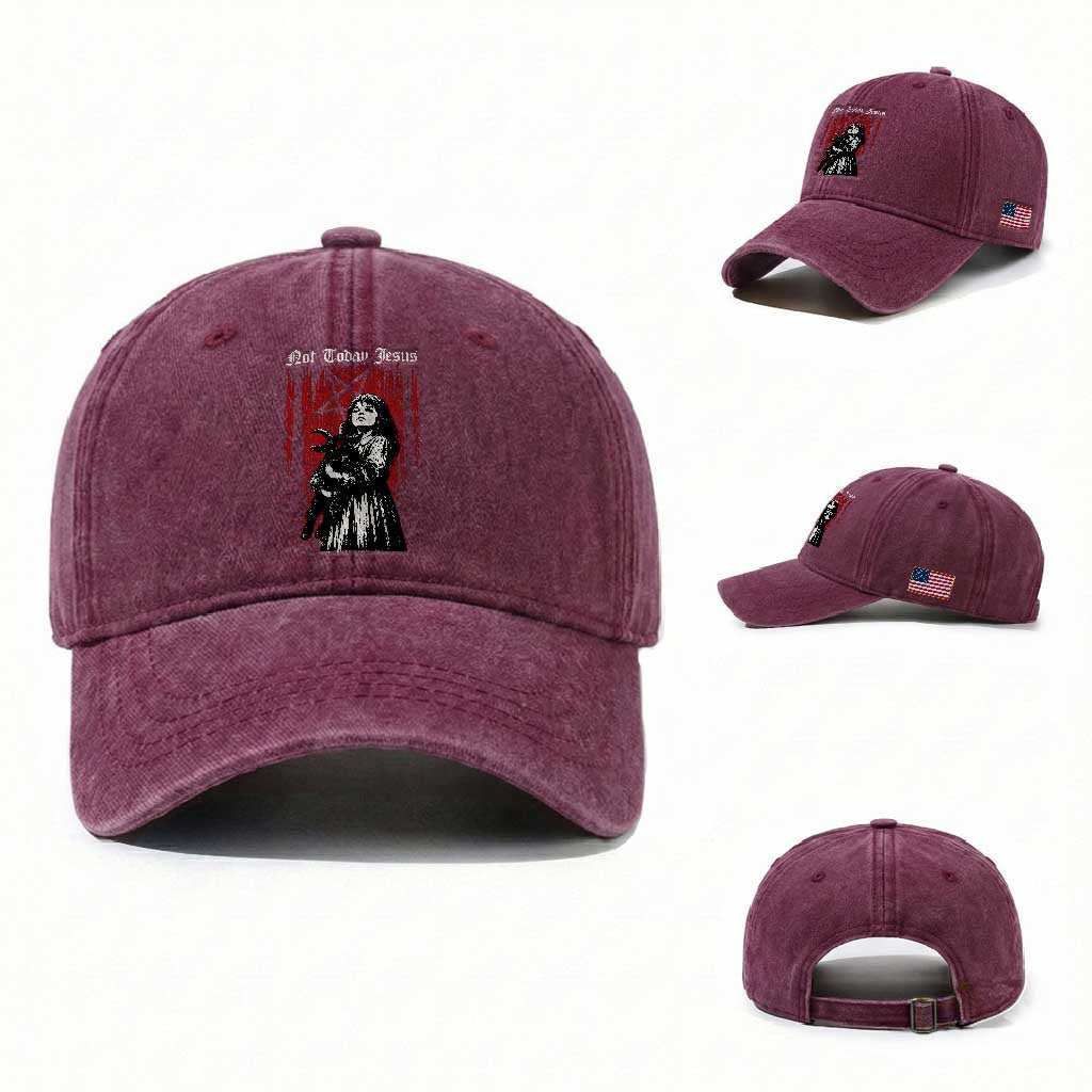 Not Today Jesus Gothic Dark Art Creepy Halloween Washed Cotton Baseball Cap