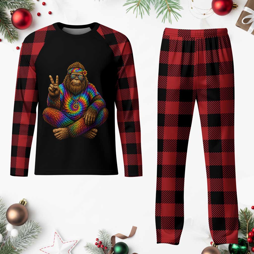 Hippie Bigfoot Peace Sign Tie Dye Sasquatch Plaid Pajama Set
