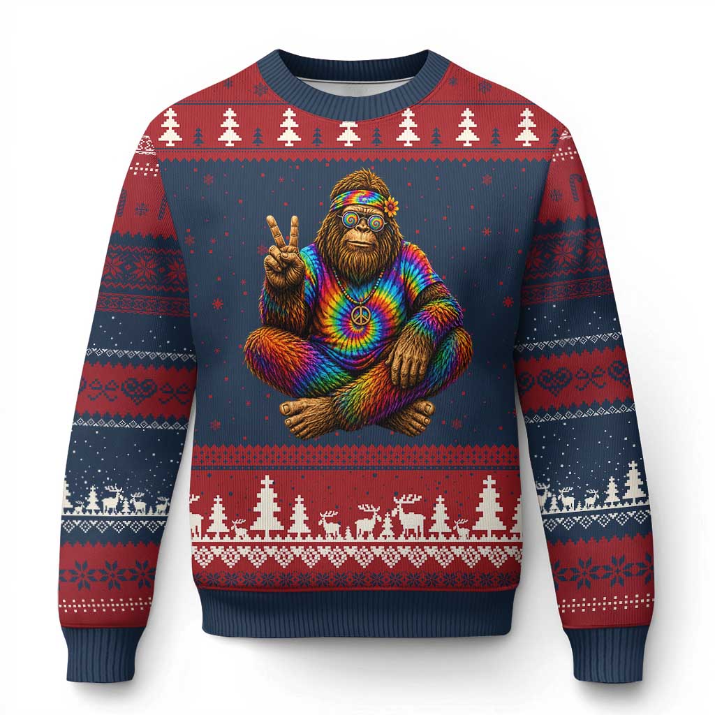 Hippie Bigfoot Peace Sign Tie Dye Sasquatch Ugly Christmas Sweater