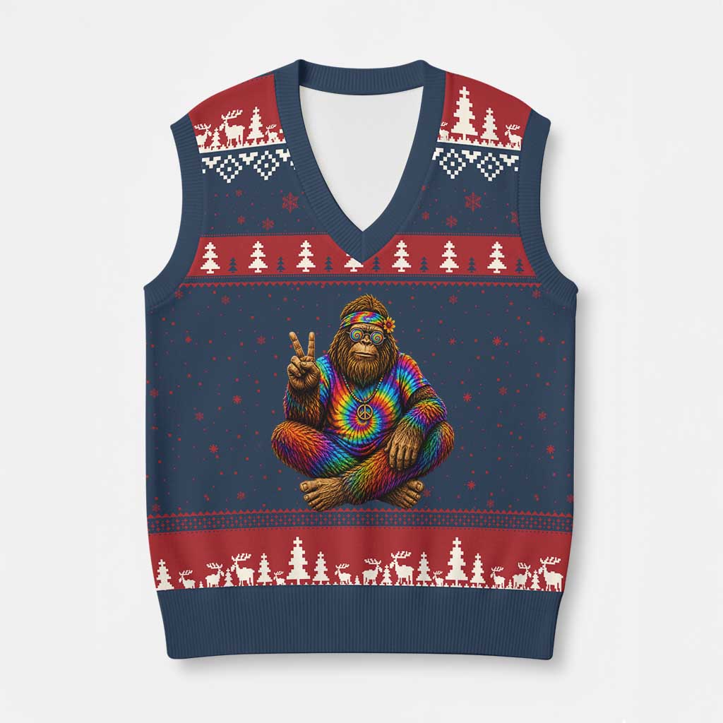 Hippie Bigfoot Peace Sign Tie Dye Sasquatch V-Neck Knit Sweater Vest
