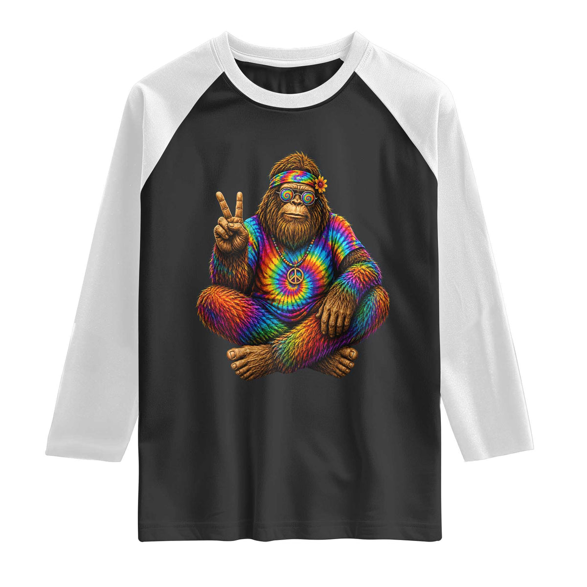 Hippie Bigfoot Peace Sign Tie Dye Sasquatch Raglan Shirt