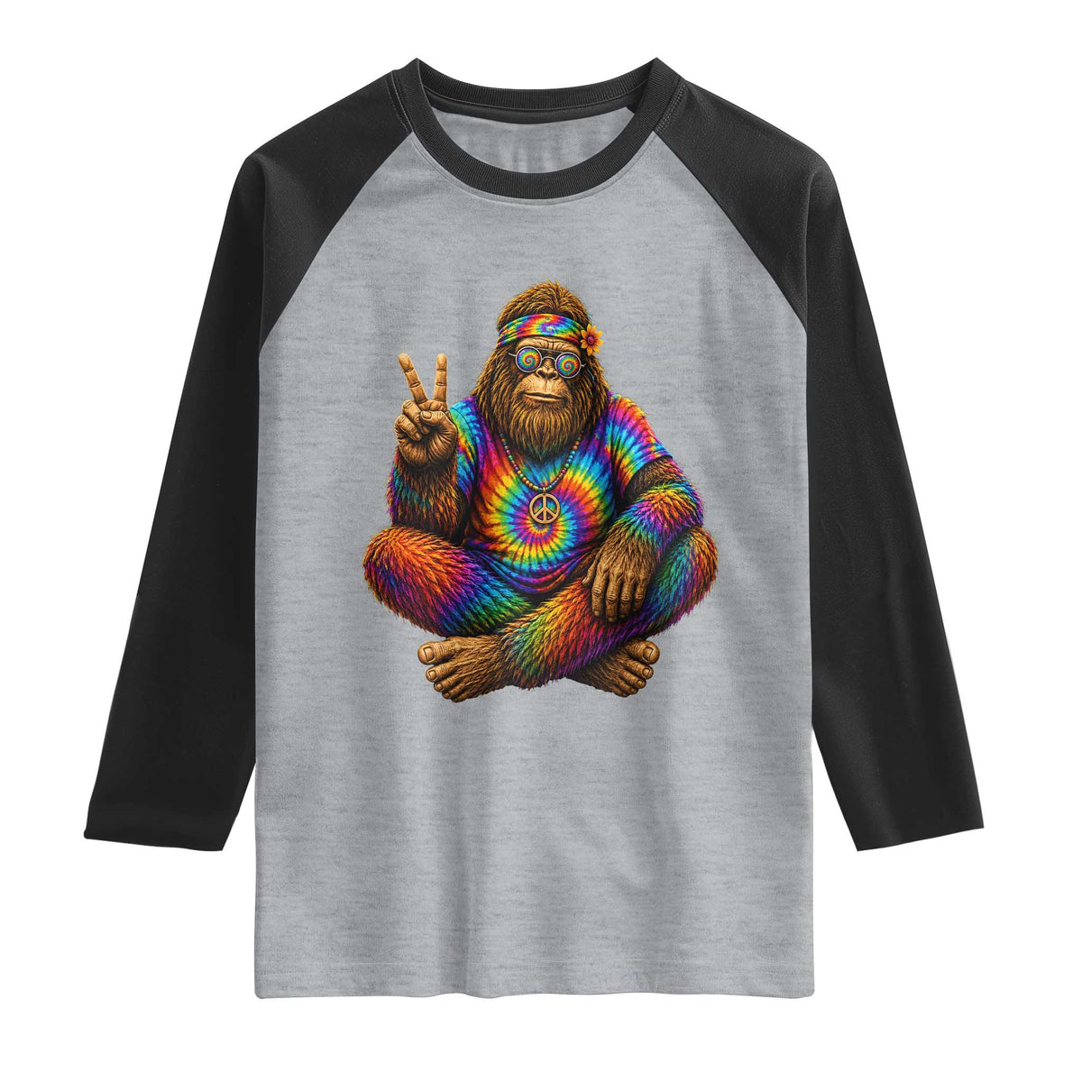 Hippie Bigfoot Peace Sign Tie Dye Sasquatch Raglan Shirt