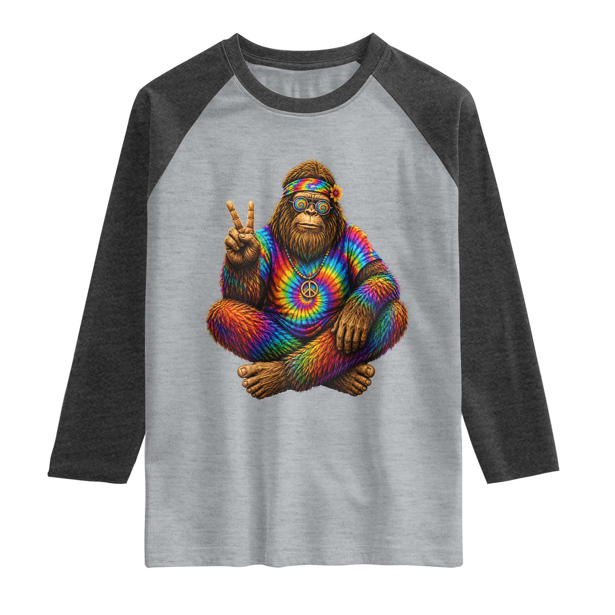 Hippie Bigfoot Peace Sign Tie Dye Sasquatch Raglan Shirt
