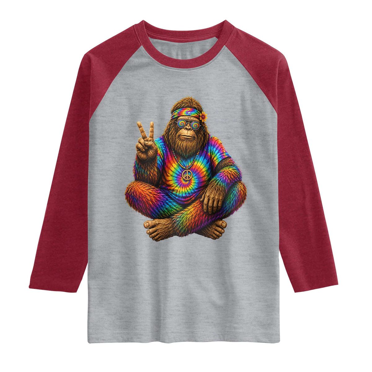 Hippie Bigfoot Peace Sign Tie Dye Sasquatch Raglan Shirt