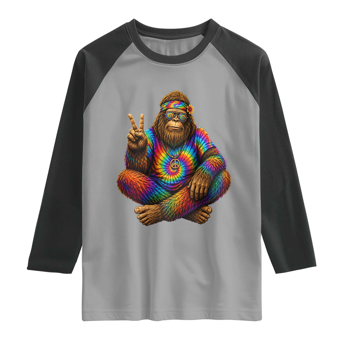 Hippie Bigfoot Peace Sign Tie Dye Sasquatch Raglan Shirt
