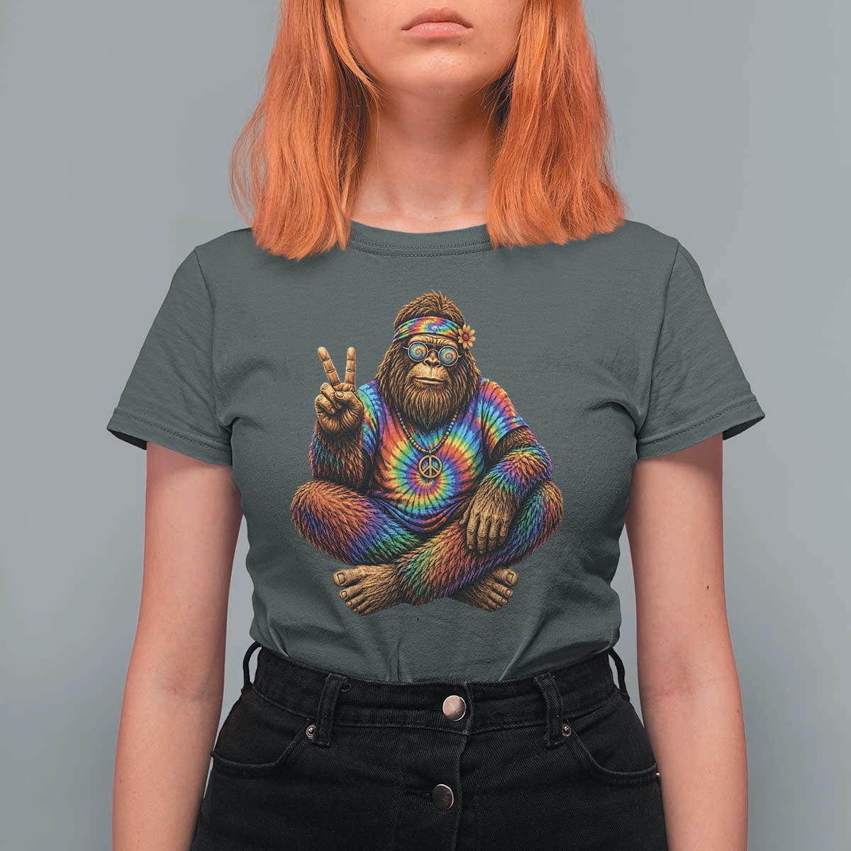 Hippie Bigfoot Peace Sign Tie Dye Sasquatch T Shirt For Women