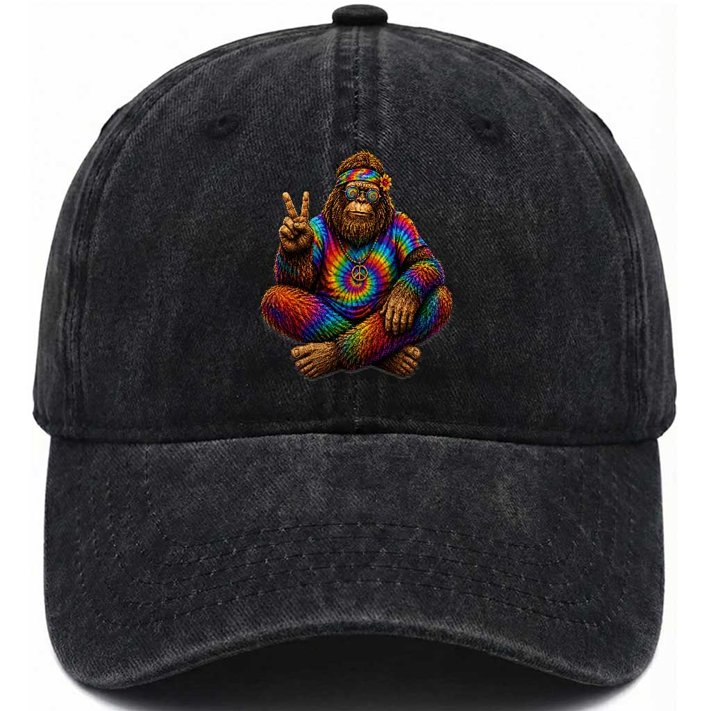 Hippie Bigfoot Peace Sign Tie Dye Sasquatch Washed Cotton Baseball Cap
