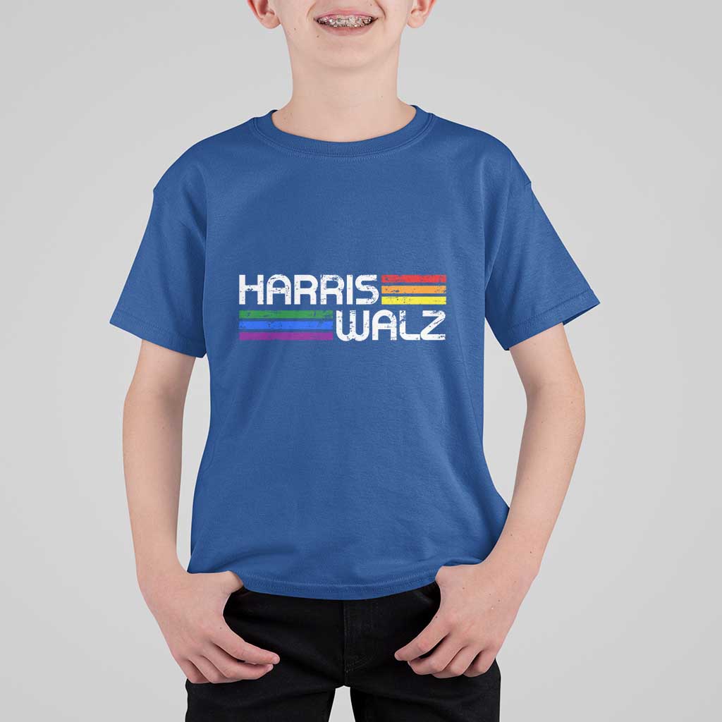 Harris Walz T Shirt For Kid LGBT Rainbow Flag Retro Faded Stripes - Wonder Print Shop