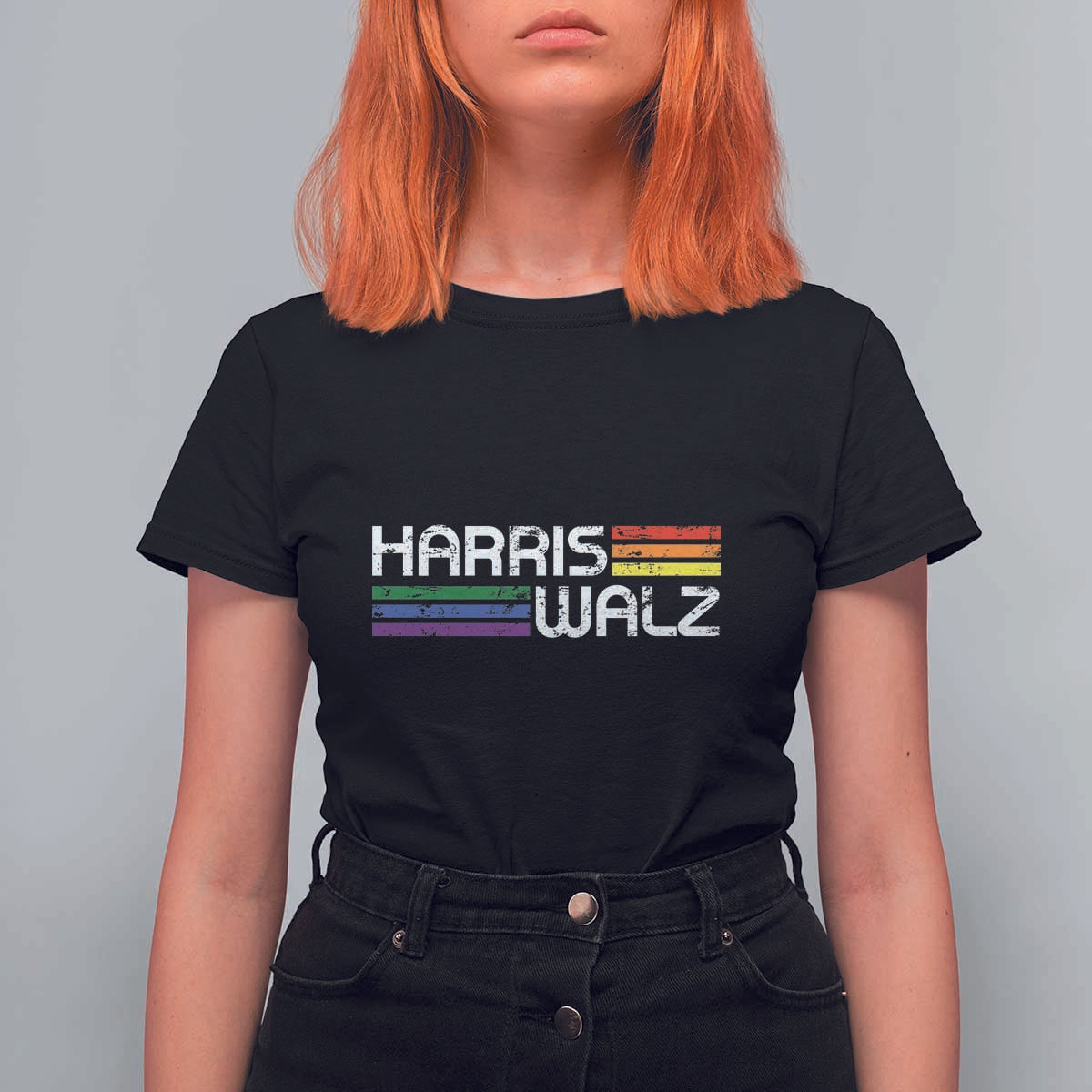 Harris Walz T Shirt For Women LGBT Rainbow Flag Retro Faded Stripes - Wonder Print Shop