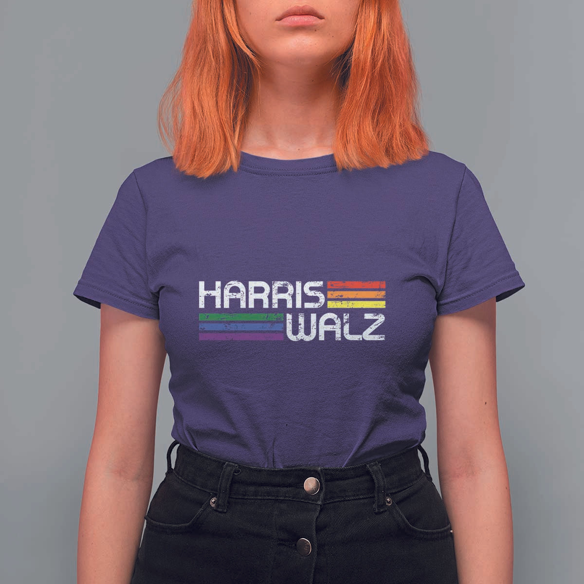 Harris Walz T Shirt For Women LGBT Rainbow Flag Retro Faded Stripes - Wonder Print Shop