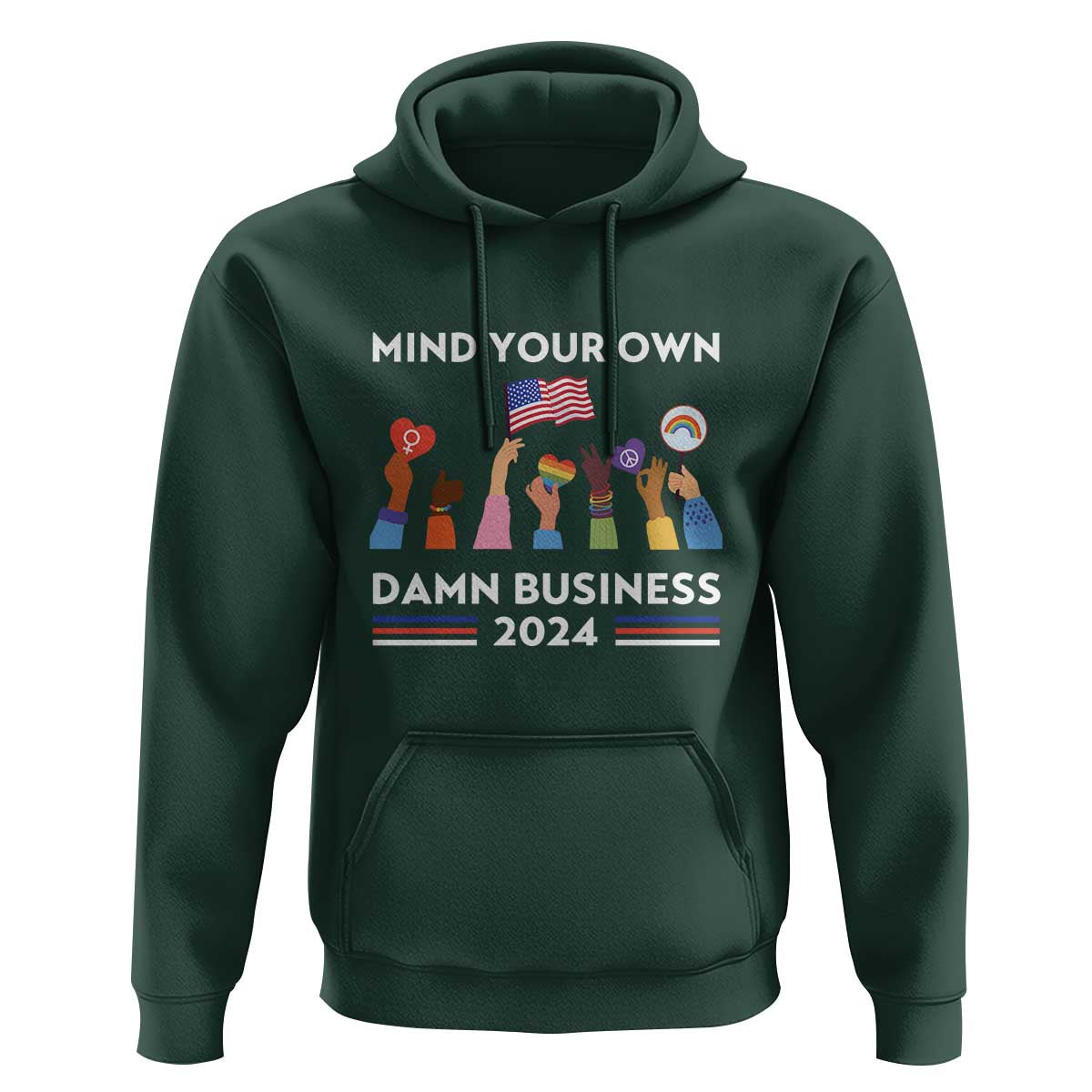 Harris Walz Hoodie Mind Your Own Damn Business 2024 American Flag Rainbow LGBT - Wonder Print Shop