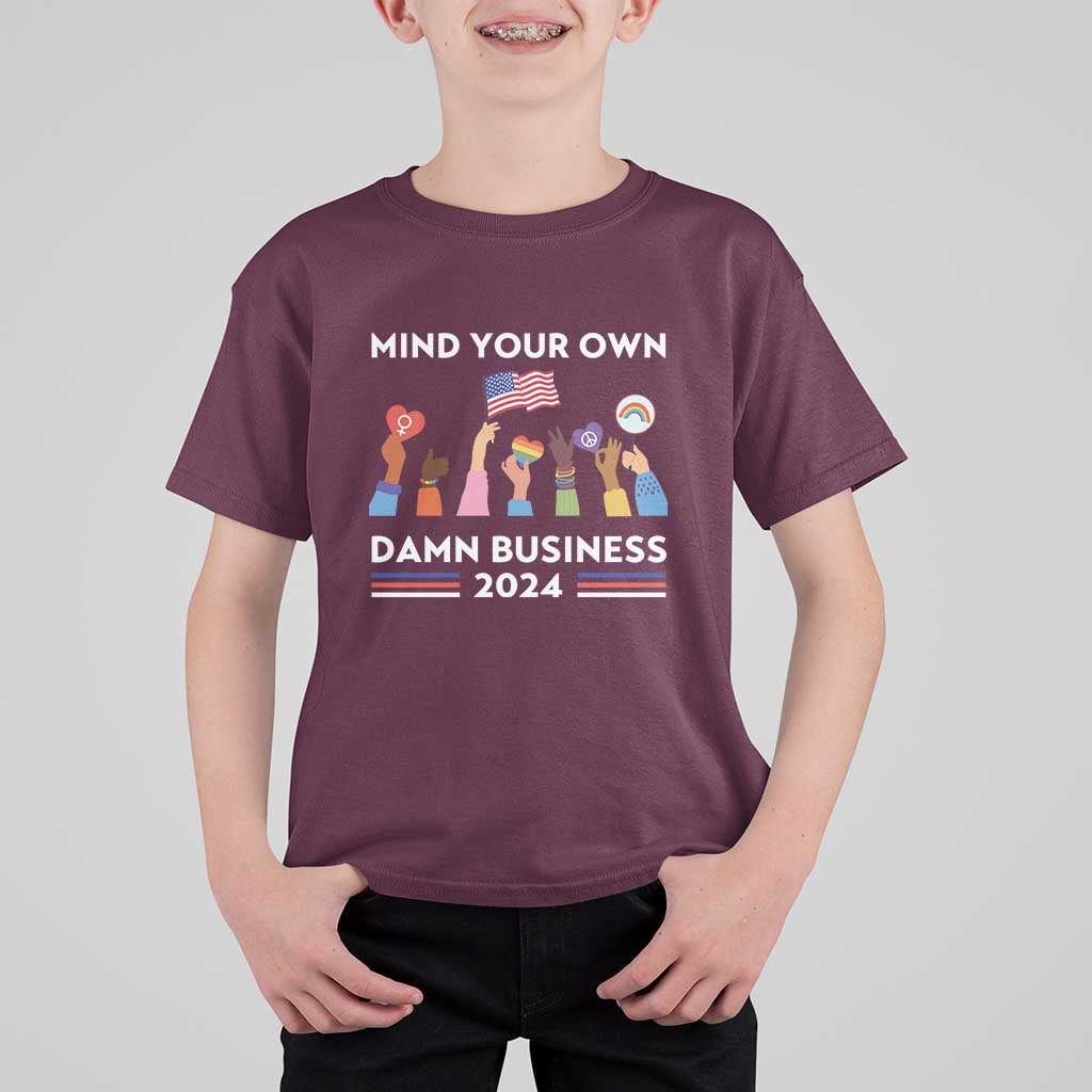 Harris Walz T Shirt For Kid Mind Your Own Damn Business 2024 American Flag Rainbow LGBT - Wonder Print Shop
