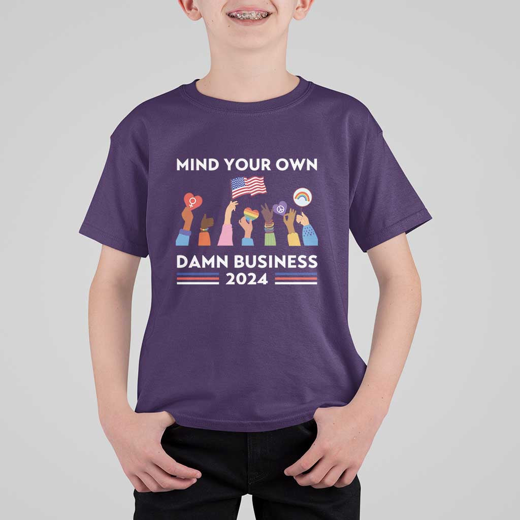 Harris Walz T Shirt For Kid Mind Your Own Damn Business 2024 American Flag Rainbow LGBT - Wonder Print Shop