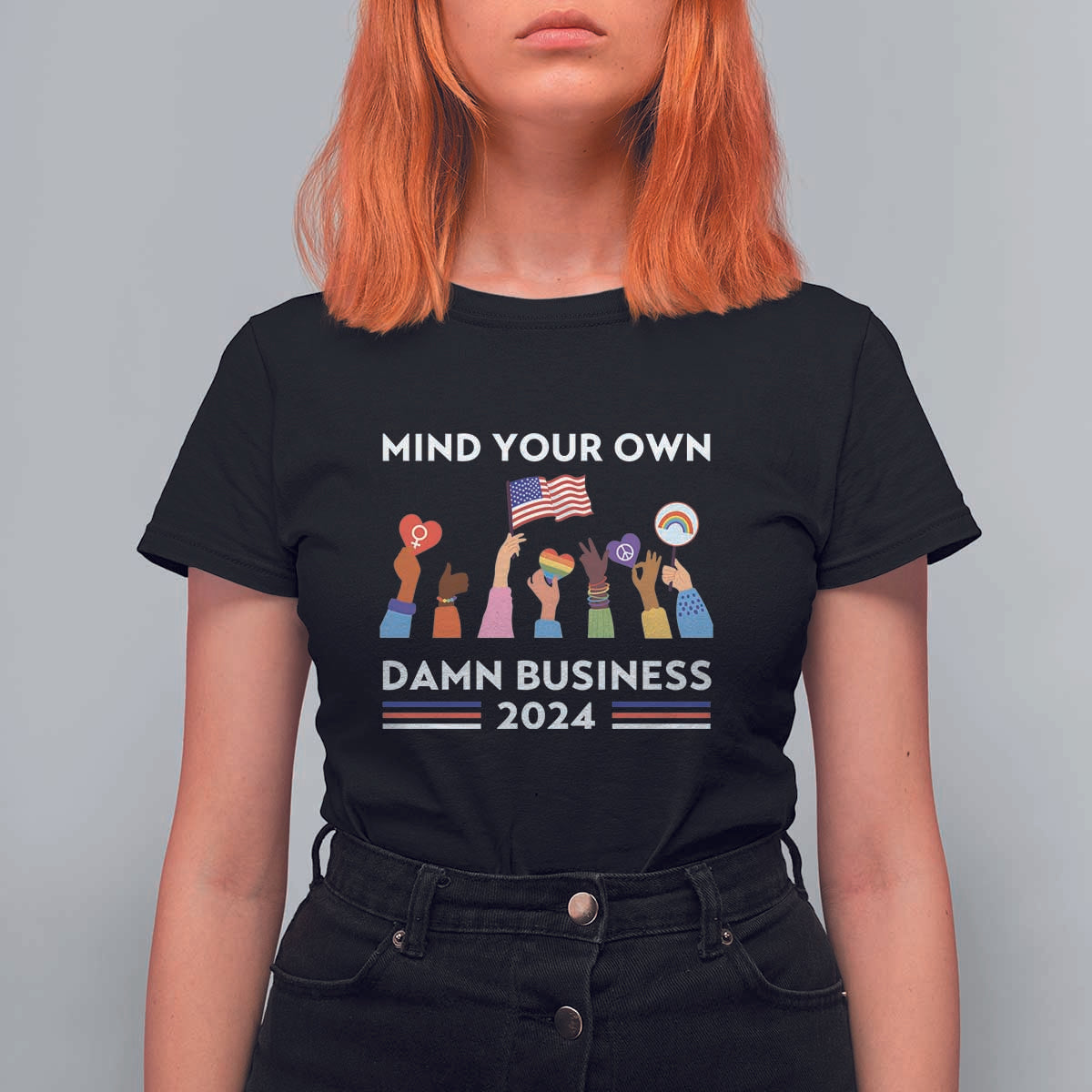 Harris Walz T Shirt For Women Mind Your Own Damn Business 2024 American Flag Rainbow LGBT - Wonder Print Shop