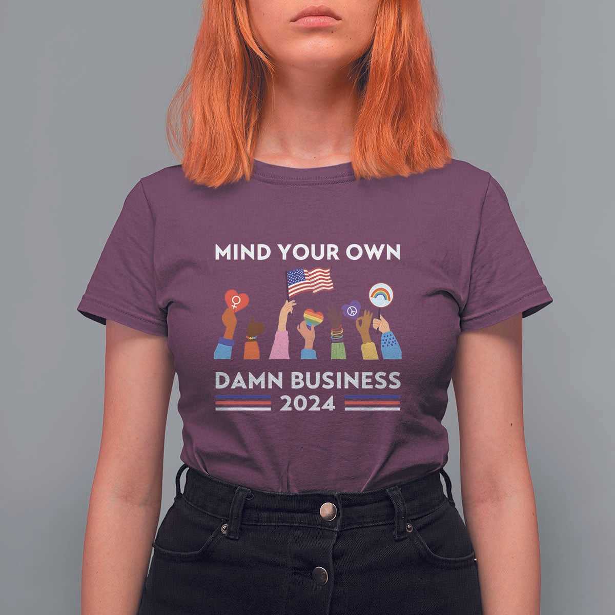 Harris Walz T Shirt For Women Mind Your Own Damn Business 2024 American Flag Rainbow LGBT - Wonder Print Shop