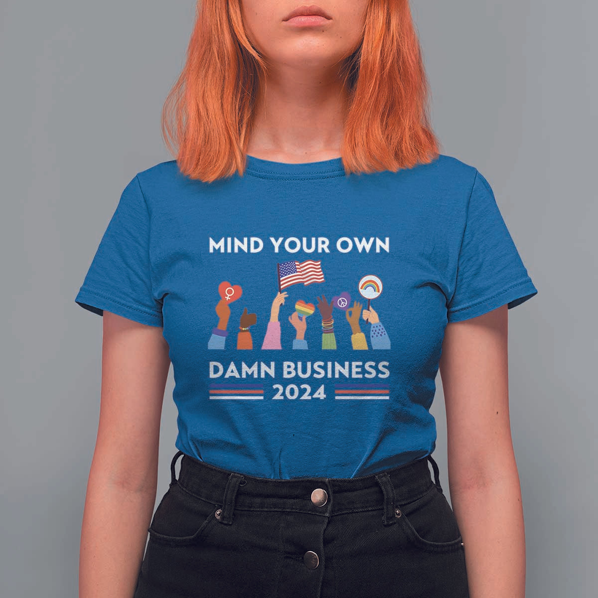 Harris Walz T Shirt For Women Mind Your Own Damn Business 2024 American Flag Rainbow LGBT - Wonder Print Shop