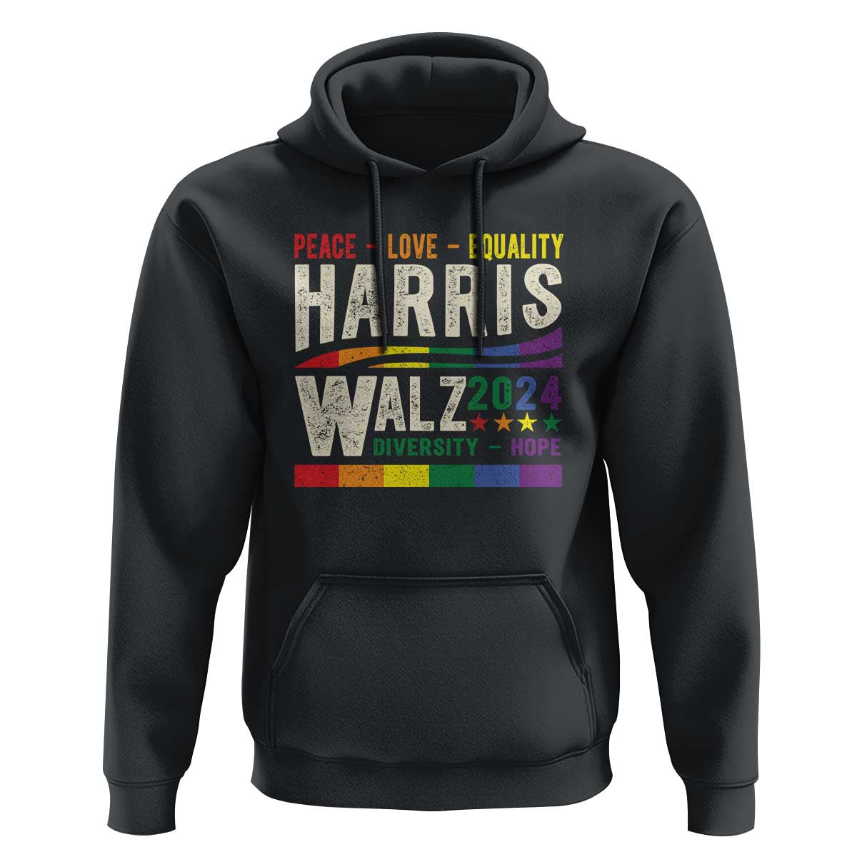 Harris Walz 2024 Hoodie Peace Love Equality Hope Diversity Vintage LGBT Rainbow Flag - Wonder Print Shop