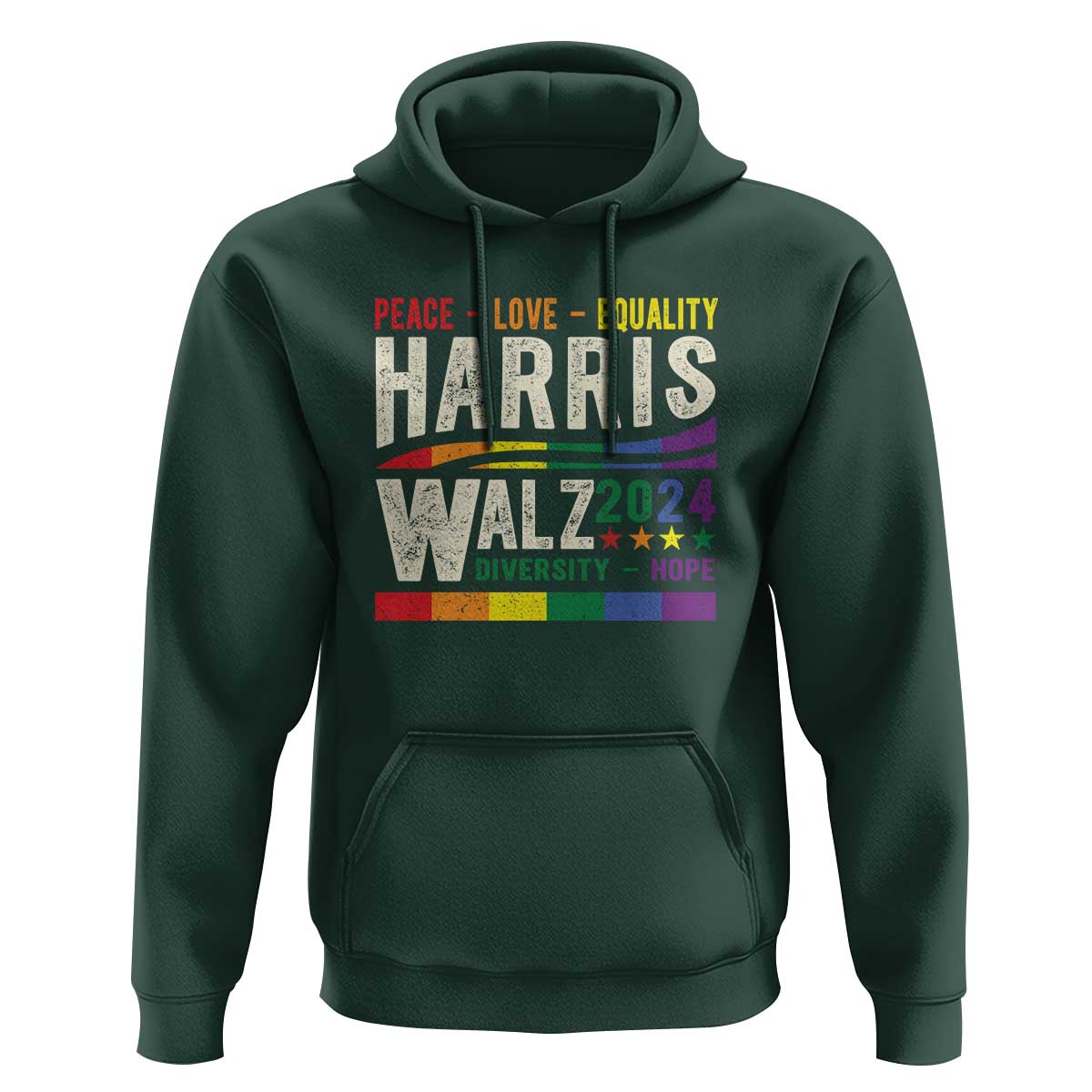 Harris Walz 2024 Hoodie Peace Love Equality Hope Diversity Vintage LGBT Rainbow Flag - Wonder Print Shop