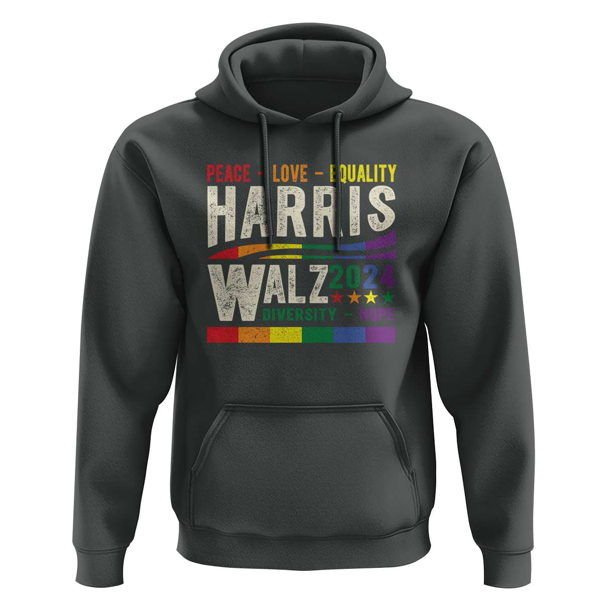 Harris Walz 2024 Hoodie Peace Love Equality Hope Diversity Vintage LGBT Rainbow Flag - Wonder Print Shop