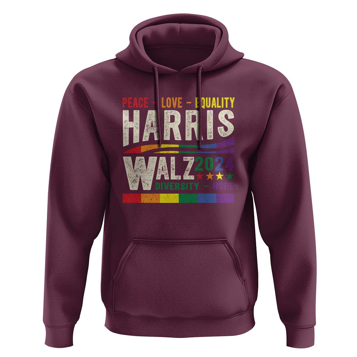 Harris Walz 2024 Hoodie Peace Love Equality Hope Diversity Vintage LGBT Rainbow Flag - Wonder Print Shop