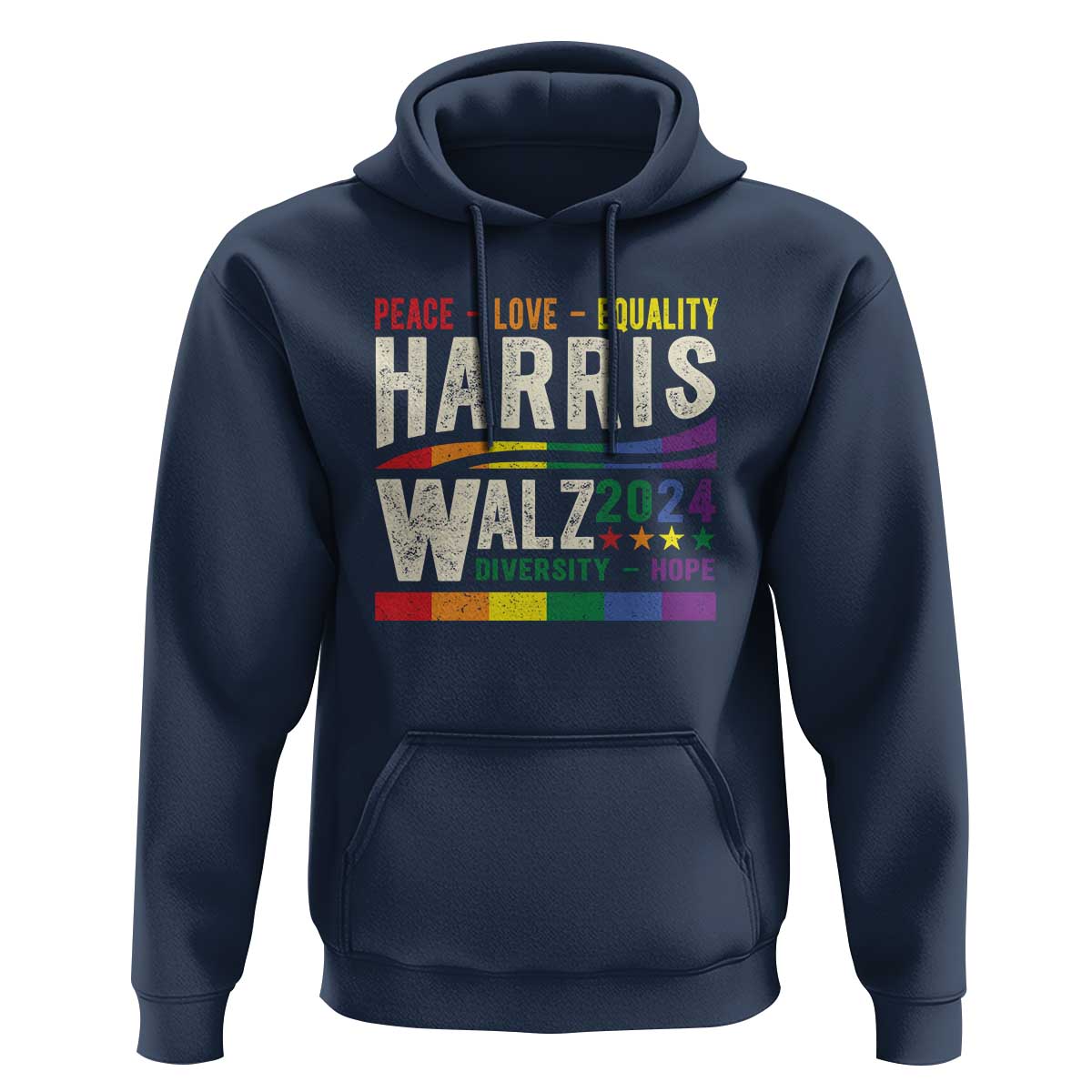 Harris Walz 2024 Hoodie Peace Love Equality Hope Diversity Vintage LGBT Rainbow Flag - Wonder Print Shop