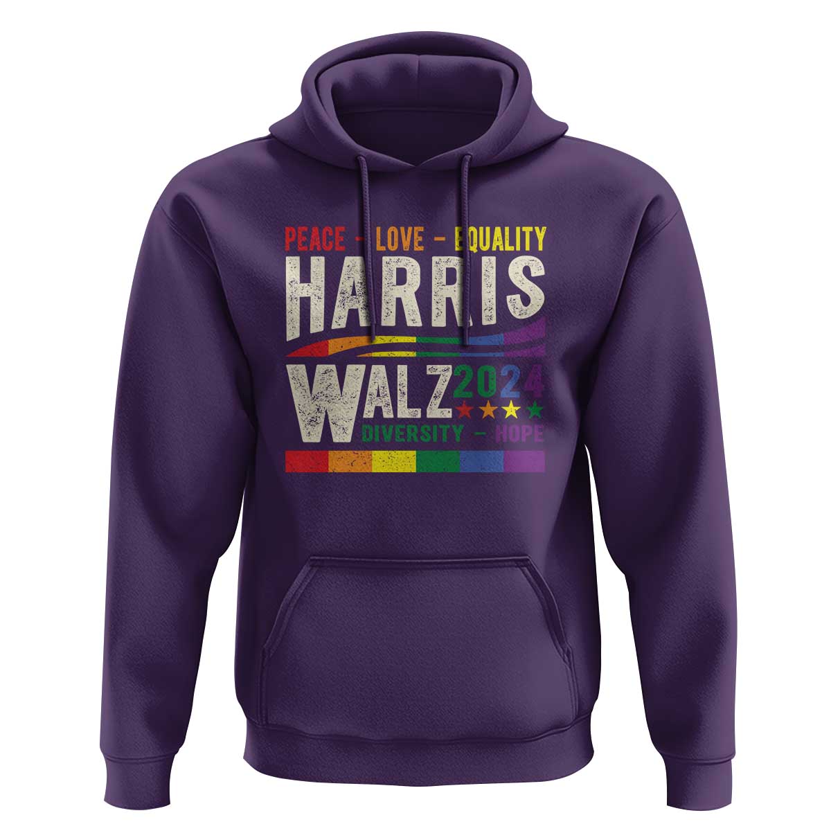 Harris Walz 2024 Hoodie Peace Love Equality Hope Diversity Vintage LGBT Rainbow Flag - Wonder Print Shop