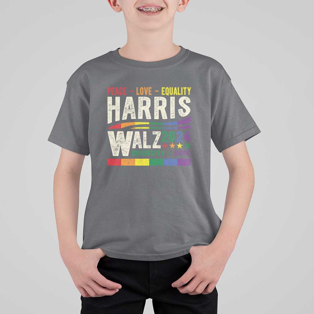 Harris Walz 2024 T Shirt For Kid Peace Love Equality Hope Diversity Vintage LGBT Rainbow Flag - Wonder Print Shop