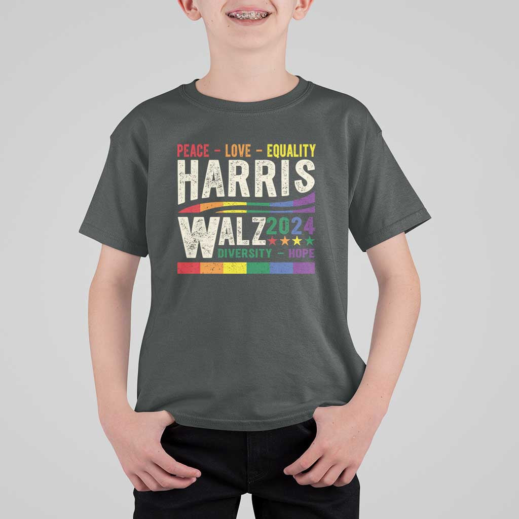 Harris Walz 2024 T Shirt For Kid Peace Love Equality Hope Diversity Vintage LGBT Rainbow Flag - Wonder Print Shop