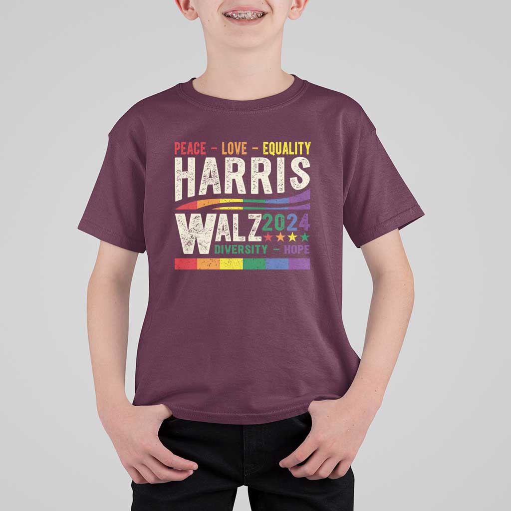 Harris Walz 2024 T Shirt For Kid Peace Love Equality Hope Diversity Vintage LGBT Rainbow Flag - Wonder Print Shop