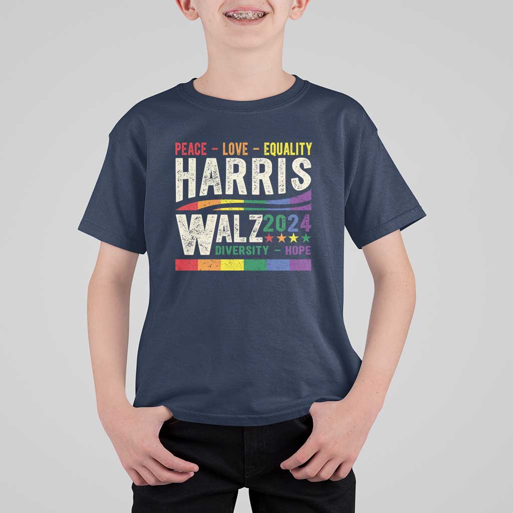 Harris Walz 2024 T Shirt For Kid Peace Love Equality Hope Diversity Vintage LGBT Rainbow Flag - Wonder Print Shop