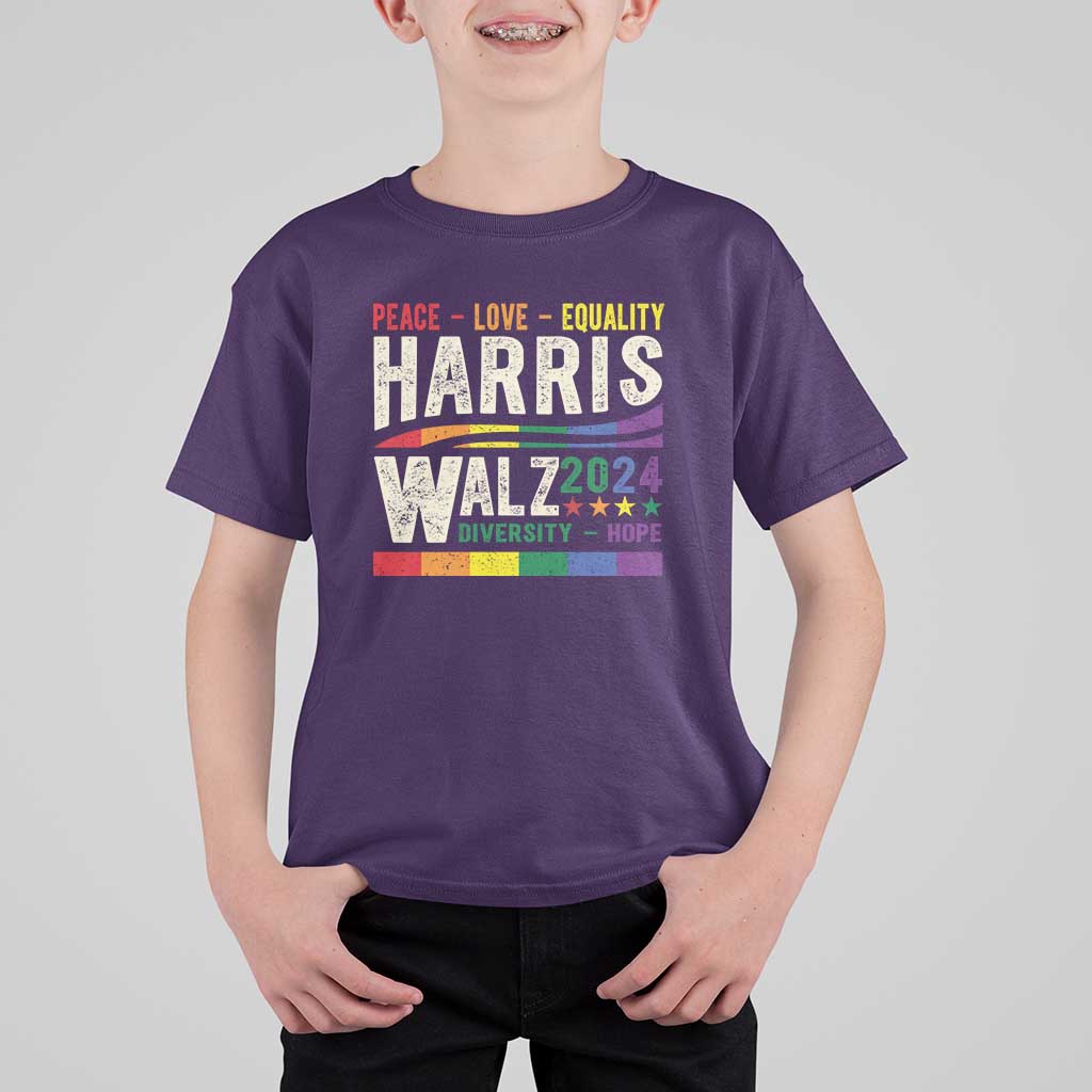 Harris Walz 2024 T Shirt For Kid Peace Love Equality Hope Diversity Vintage LGBT Rainbow Flag - Wonder Print Shop