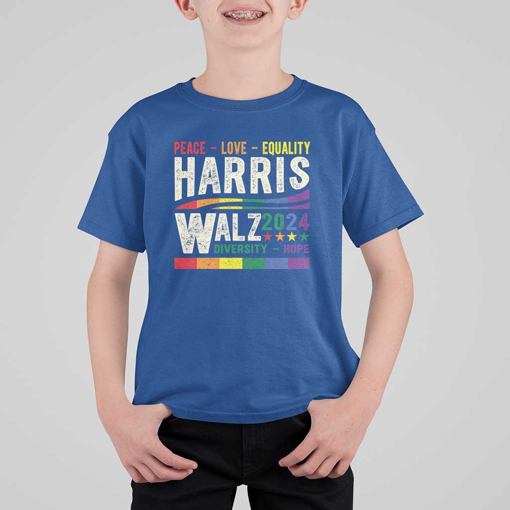 Harris Walz 2024 T Shirt For Kid Peace Love Equality Hope Diversity Vintage LGBT Rainbow Flag - Wonder Print Shop