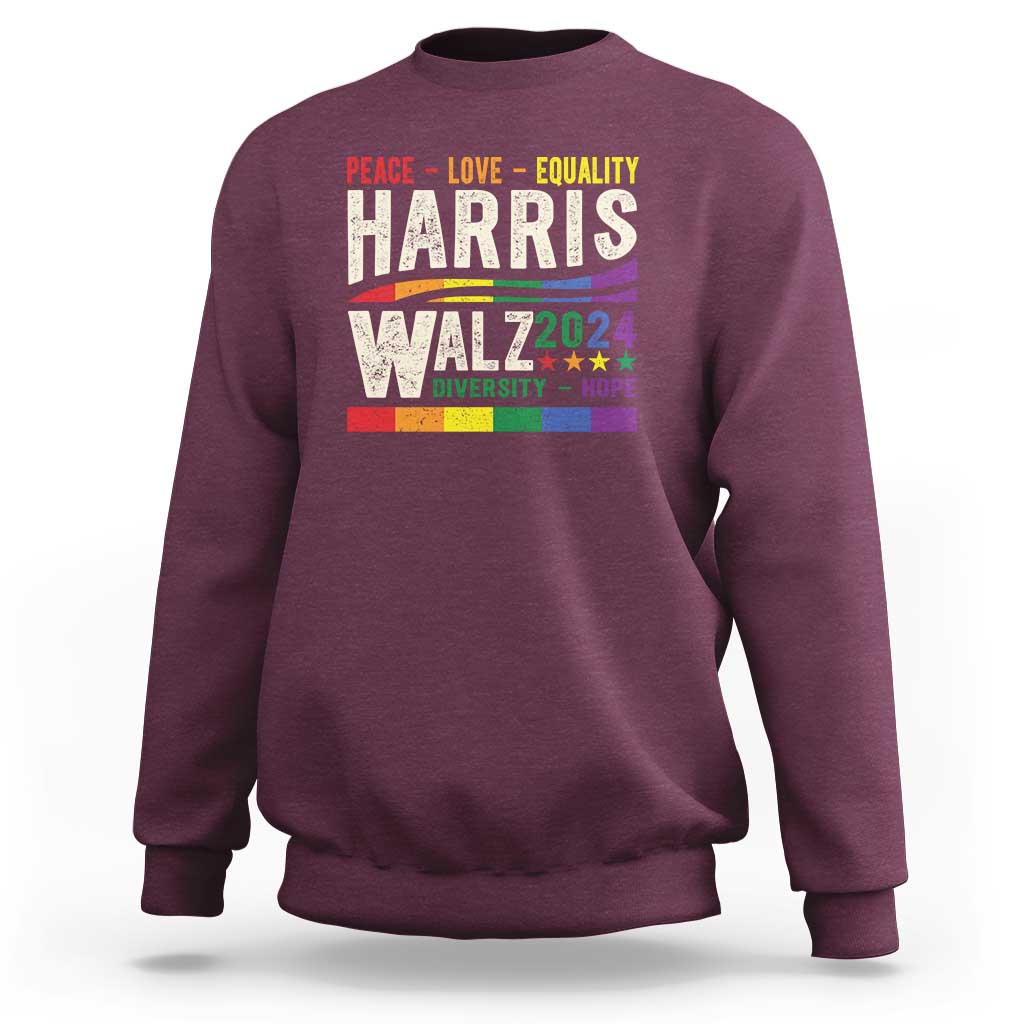 Harris Walz 2024 Sweatshirt Peace Love Equality Hope Diversity Vintage LGBT Rainbow Flag - Wonder Print Shop