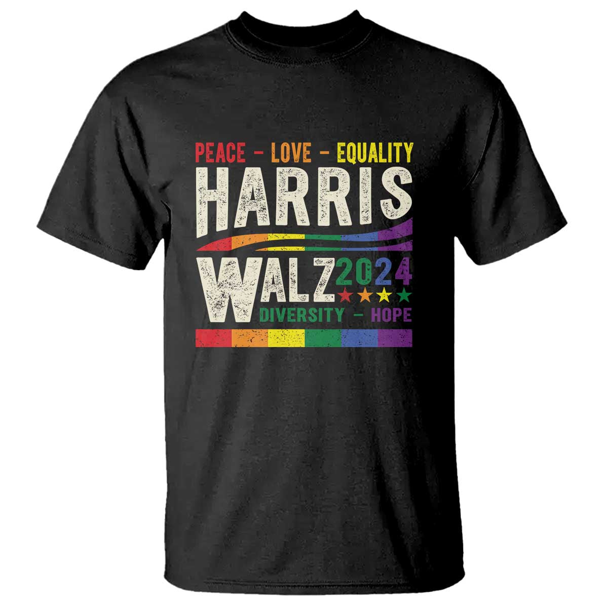 Harris Walz 2024 T Shirt Peace Love Equality Hope Diversity Vintage LGBT Rainbow Flag - Wonder Print Shop