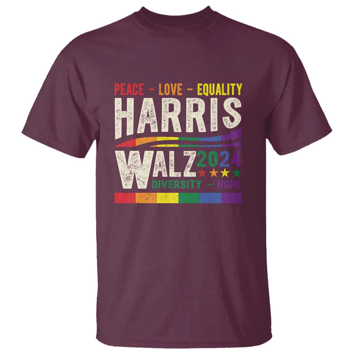 Harris Walz 2024 T Shirt Peace Love Equality Hope Diversity Vintage LGBT Rainbow Flag - Wonder Print Shop