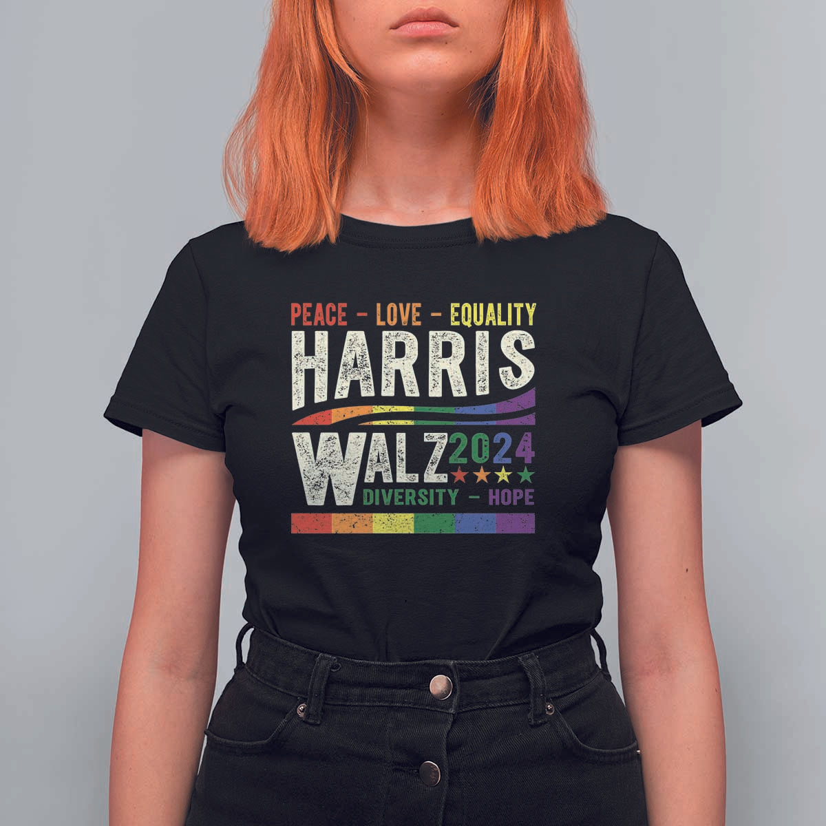 Harris Walz 2024 T Shirt For Women Peace Love Equality Hope Diversity Vintage LGBT Rainbow Flag - Wonder Print Shop