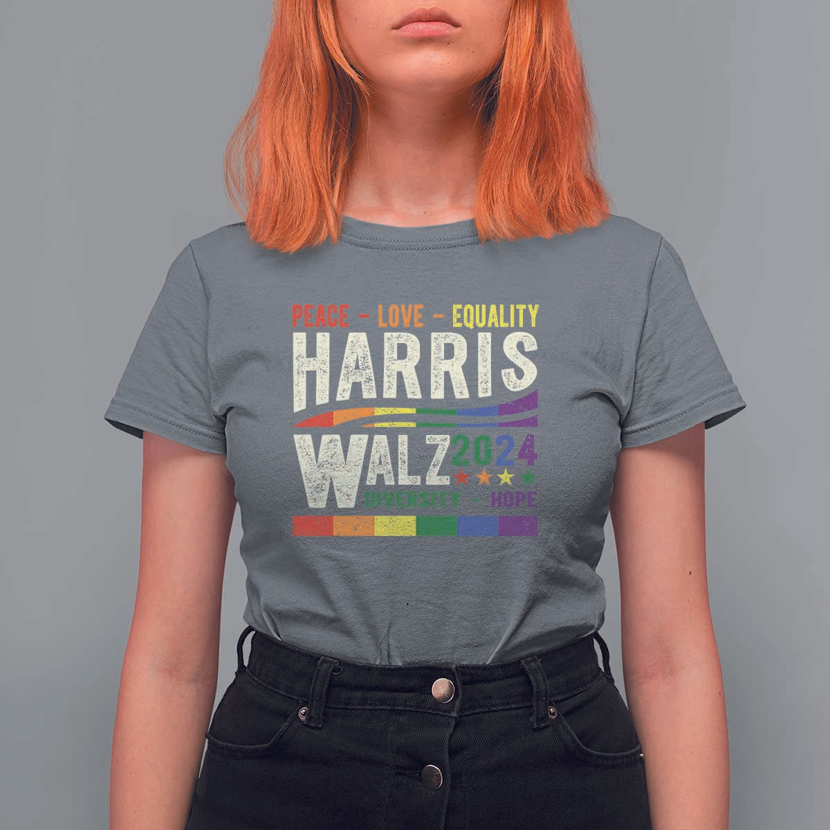Harris Walz 2024 T Shirt For Women Peace Love Equality Hope Diversity Vintage LGBT Rainbow Flag - Wonder Print Shop