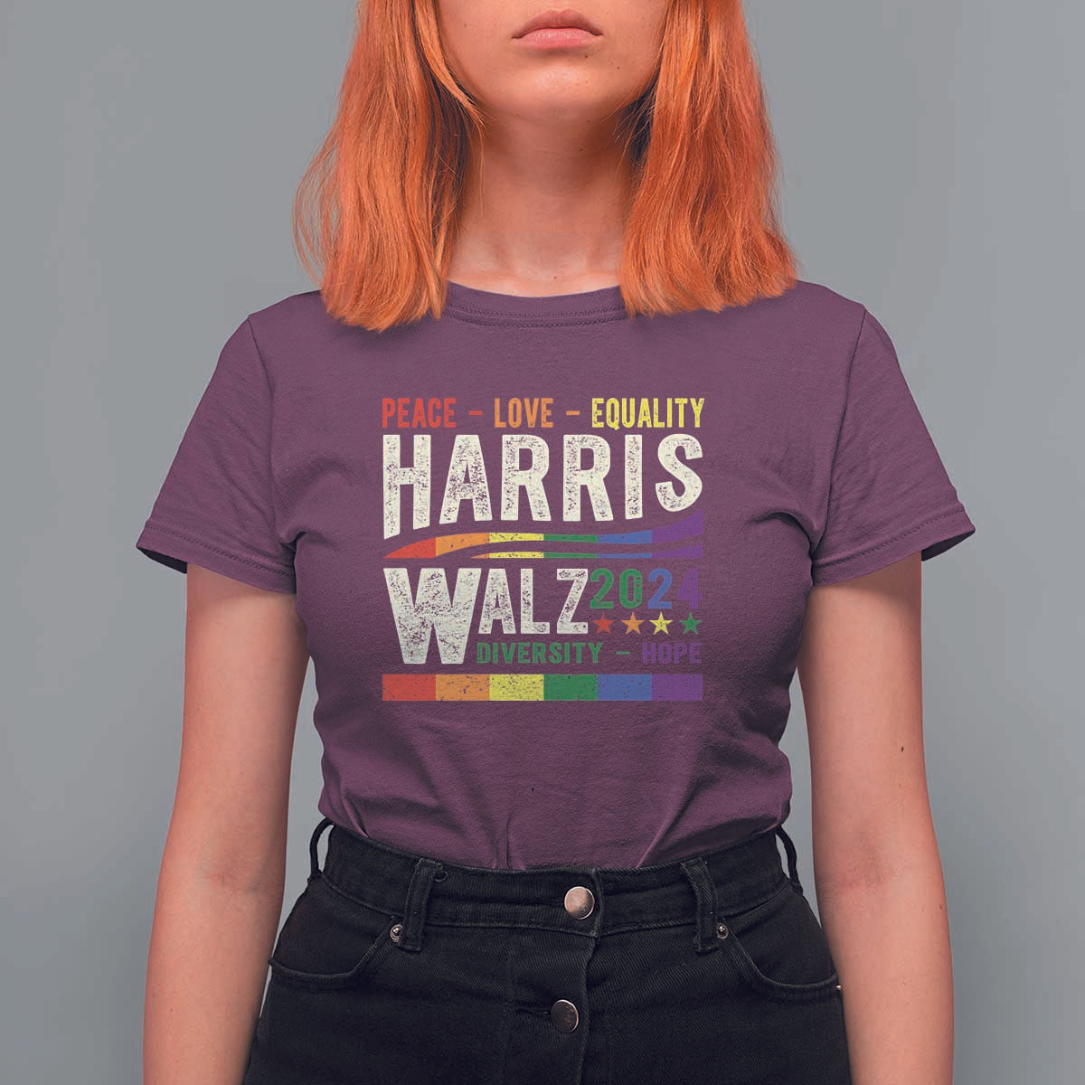 Harris Walz 2024 T Shirt For Women Peace Love Equality Hope Diversity Vintage LGBT Rainbow Flag - Wonder Print Shop