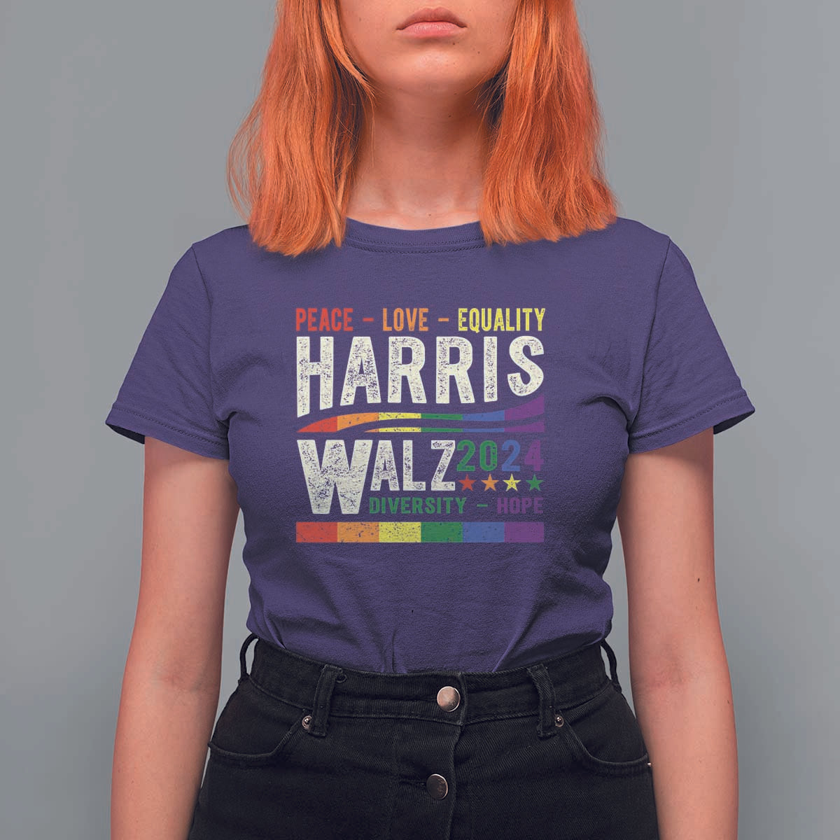 Harris Walz 2024 T Shirt For Women Peace Love Equality Hope Diversity Vintage LGBT Rainbow Flag - Wonder Print Shop