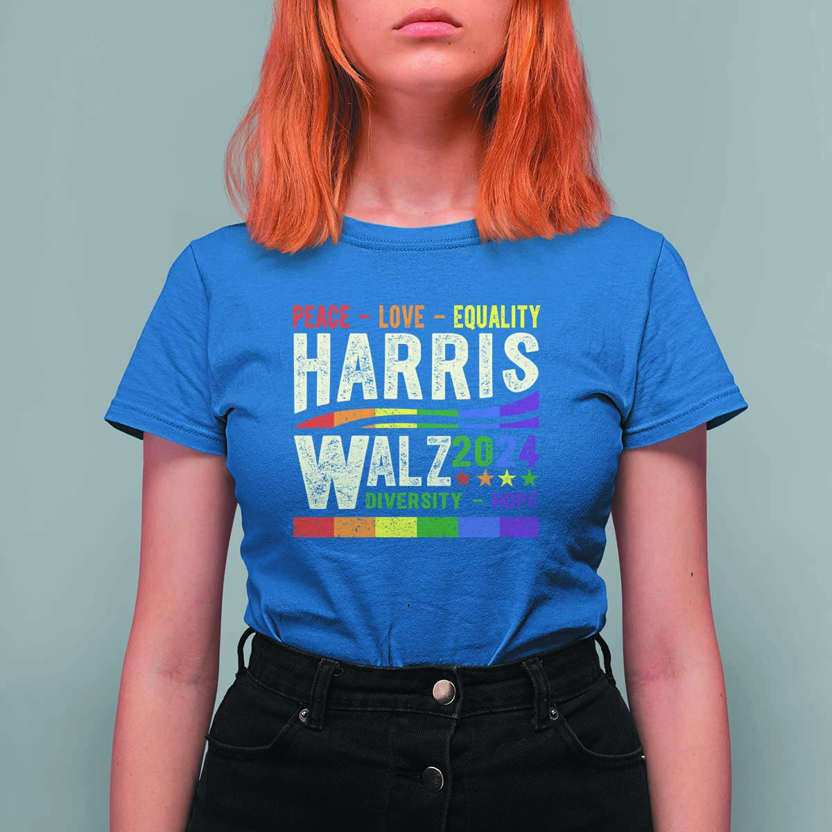 Harris Walz 2024 T Shirt For Women Peace Love Equality Hope Diversity Vintage LGBT Rainbow Flag - Wonder Print Shop