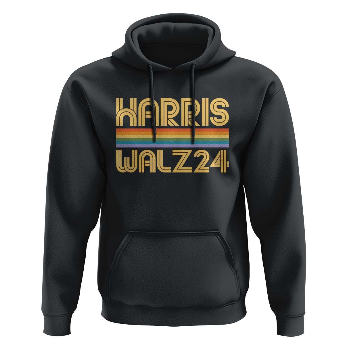 Harris Walz'24 Hoodie Retro Rainbow Stripes LGBT Flag US Presidential Election 2024 - Wonder Print Shop