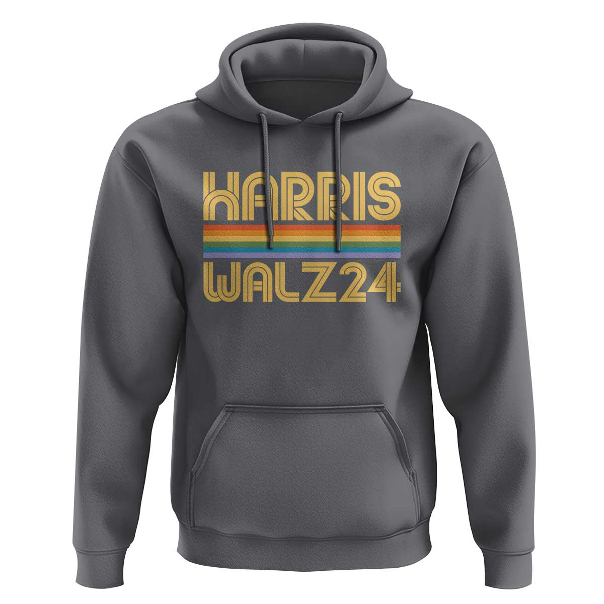 Harris Walz'24 Hoodie Retro Rainbow Stripes LGBT Flag US Presidential Election 2024 - Wonder Print Shop