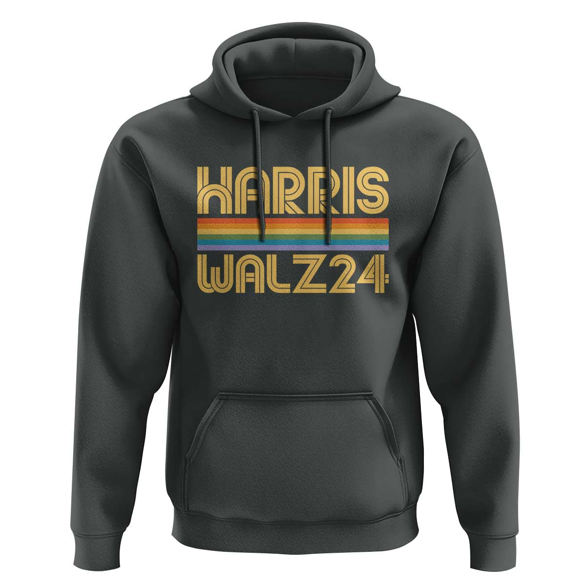 Harris Walz'24 Hoodie Retro Rainbow Stripes LGBT Flag US Presidential Election 2024 - Wonder Print Shop