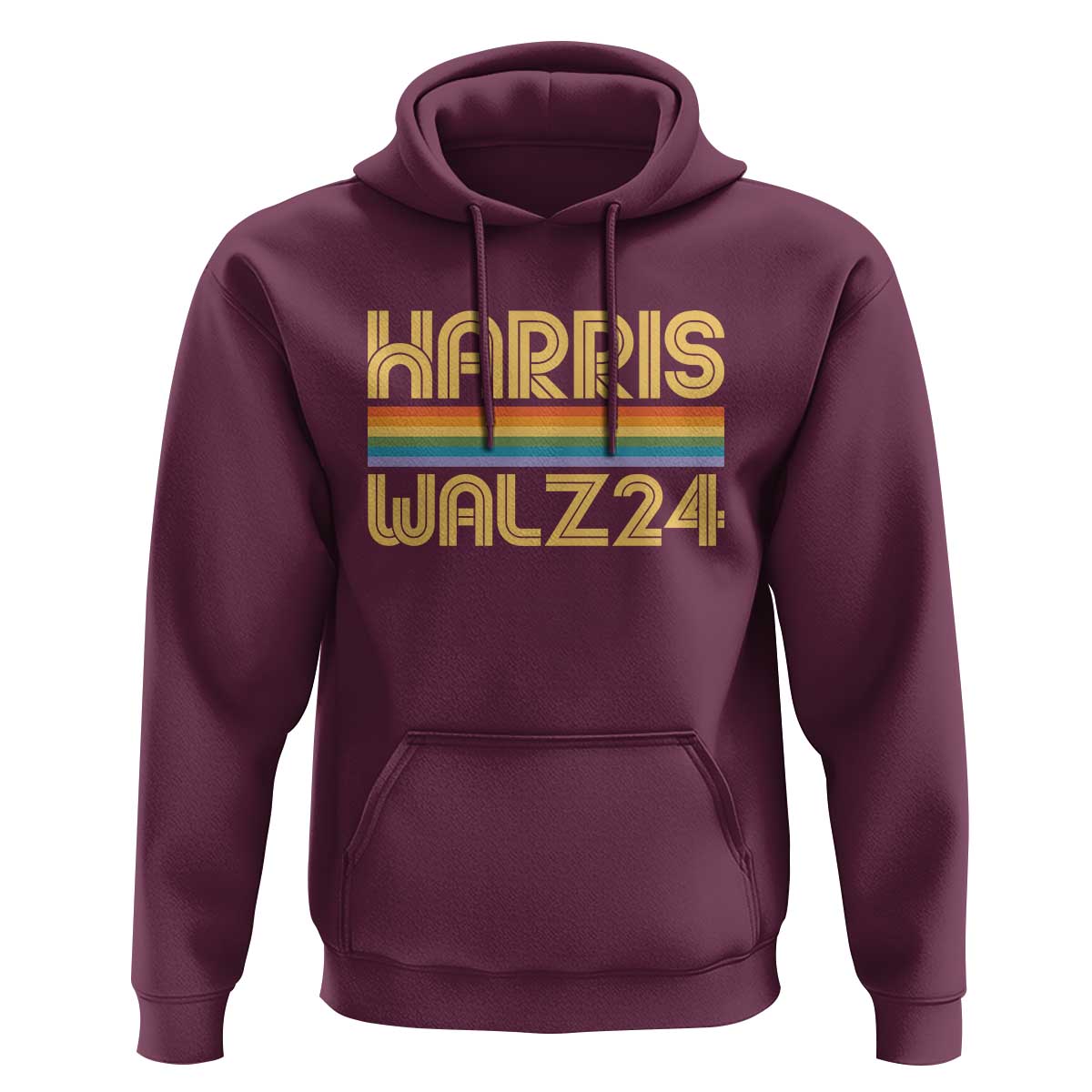 Harris Walz'24 Hoodie Retro Rainbow Stripes LGBT Flag US Presidential Election 2024 - Wonder Print Shop